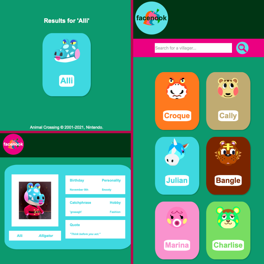 A view of the FaceNook application. On a green background, thumbnails containing the names and images of Animal Crossing villagers are displayed. There is a search bar at the top of the page.