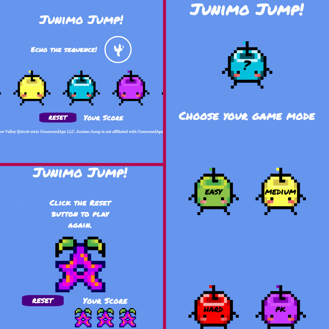 An image of Junimo Jump gameplay. Multicolored sprites representing different game modes are arranged in a group. The text reads, 'CHOOSE YOUR GAME MODE'. 