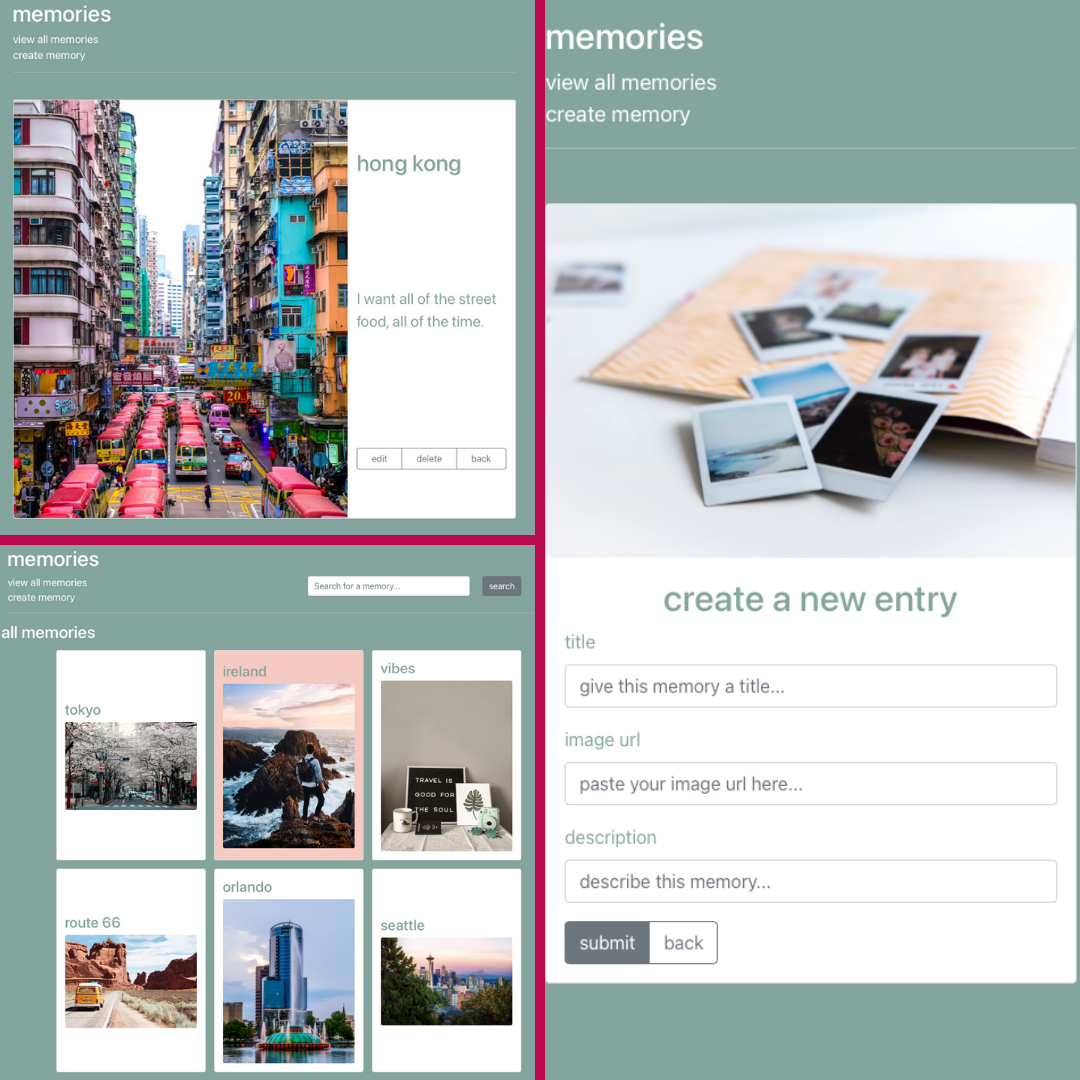 A view of the Memories application. Thumbnails resembling Polaroid photos are arranged in rows on a seafoam green background under a header that says, 'all memories'. The header contains links and a search bar.
